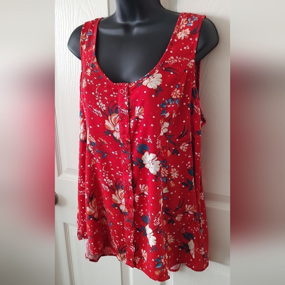 Torrid Challis Button Front Fit and Flare Tank Adjustable Straps Red Floral Sz 1 - Picture 4 of 7